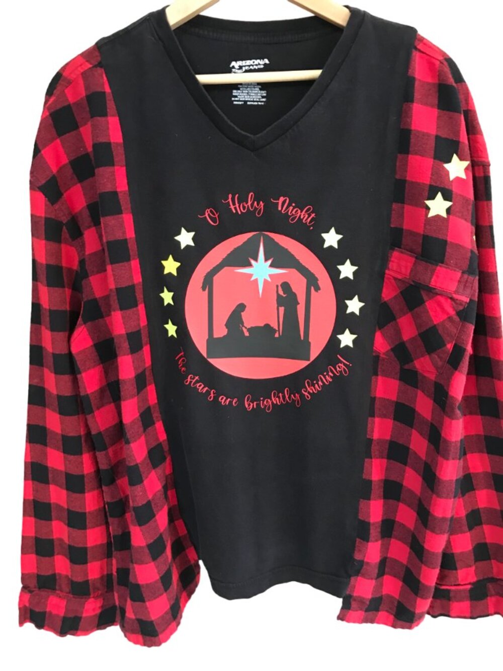 Upcycled Holiday Flannel Red Plaid Shirt, Christmas Nativity Scene Size M-XL